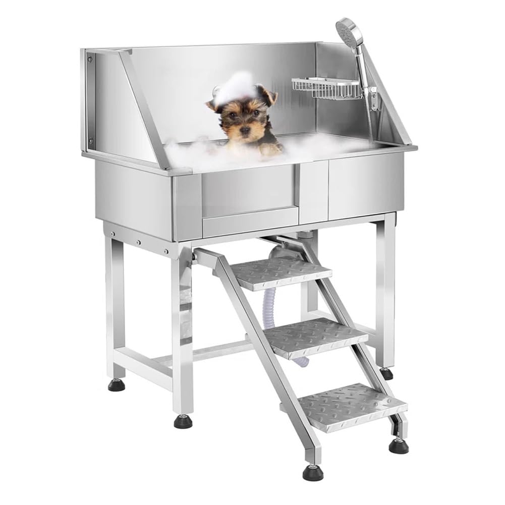 34" Stainless Steel Pet Dog Grooming Bath Tub with Walk-in Stairs M34610