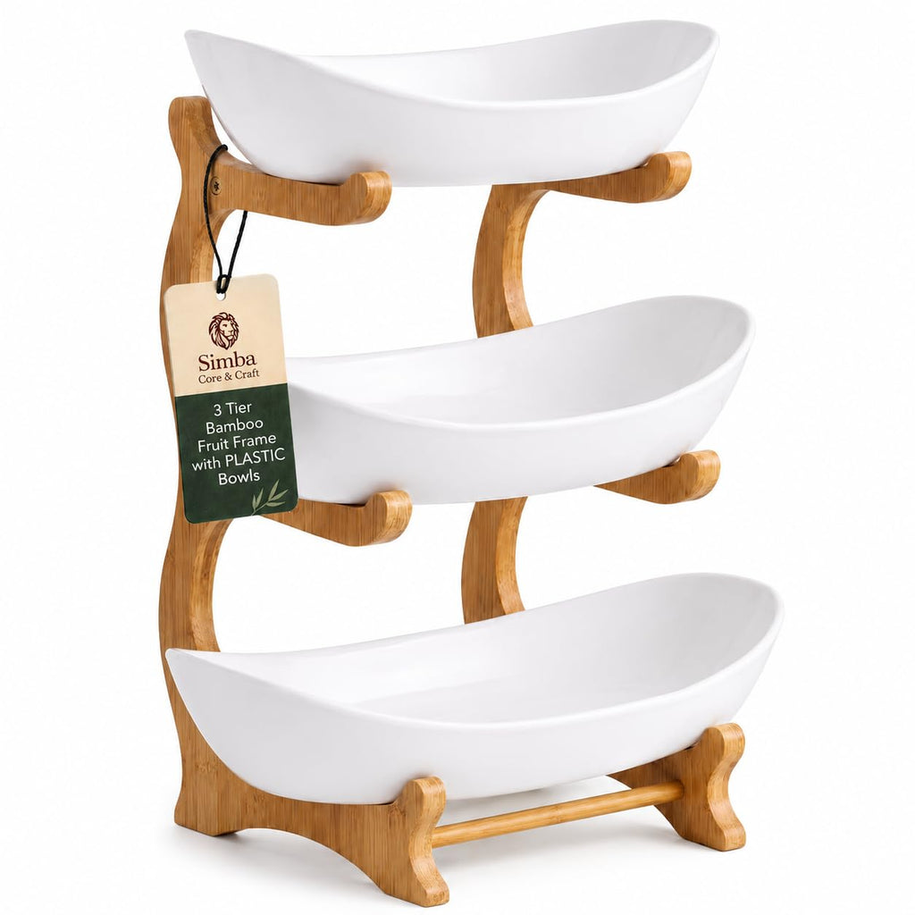 3 Tier Plastic Fruit Basket with Bamboo Stand G4576