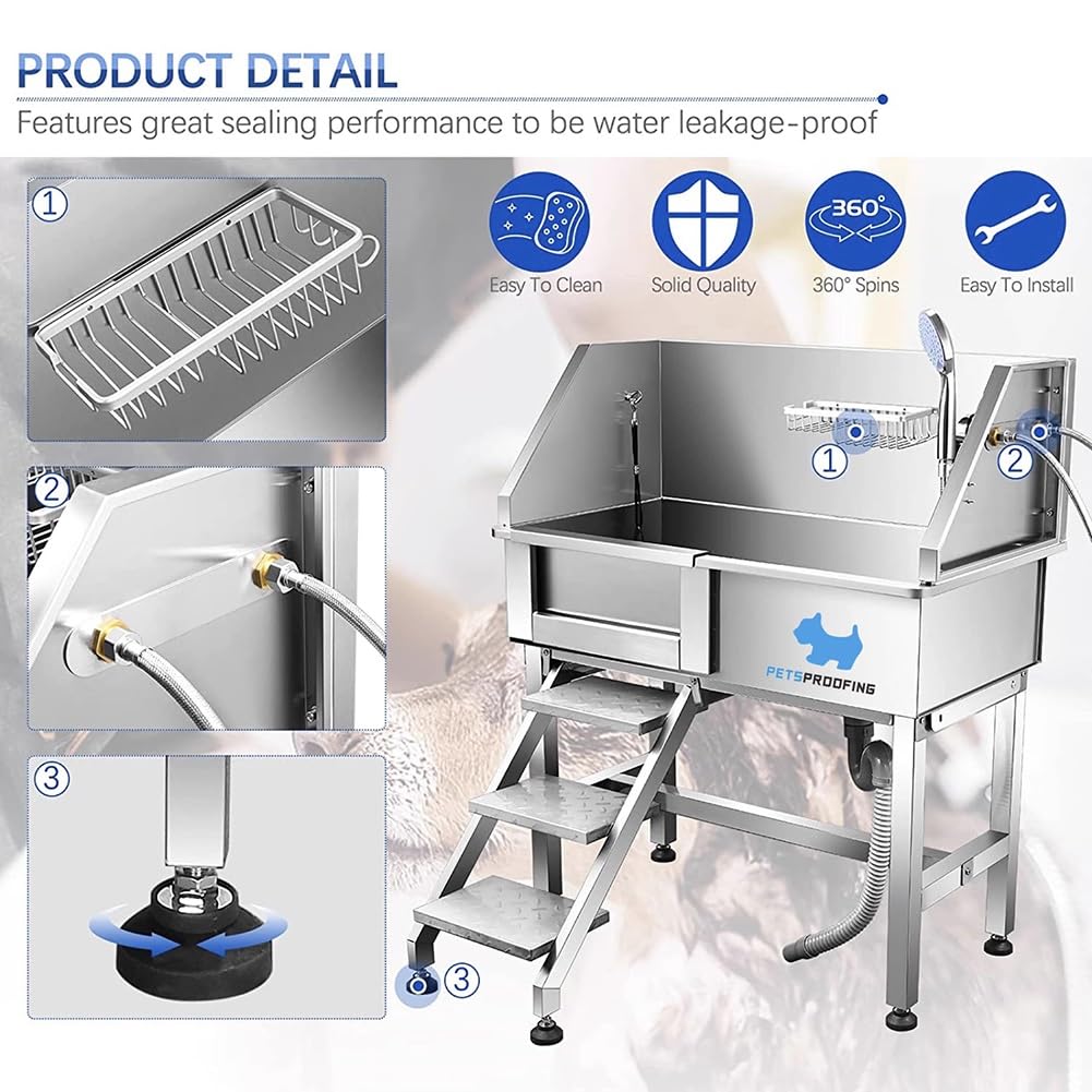 34" Stainless Steel Pet Dog Grooming Bath Tub with Walk-in Stairs M34610