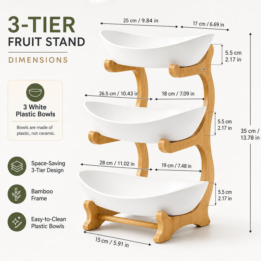 3 Tier Plastic Fruit Basket with Bamboo Stand G4576