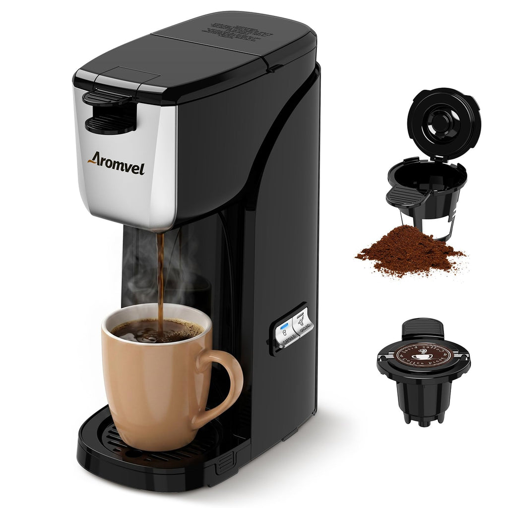2-in-1 Single Serve Coffee Maker, K Cup & Ground, 6-14 oz, Silver V764727