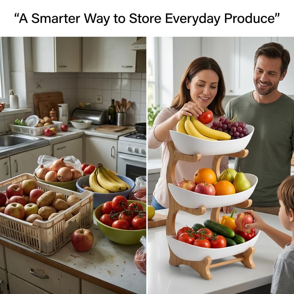 3 Tier Plastic Fruit Basket with Bamboo Stand G4576