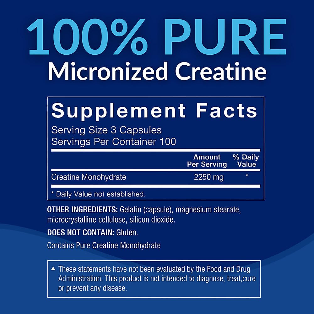 Creatine Monohydrate Capsules, Micronized, 2250 MG, 300 Capsules O5353
