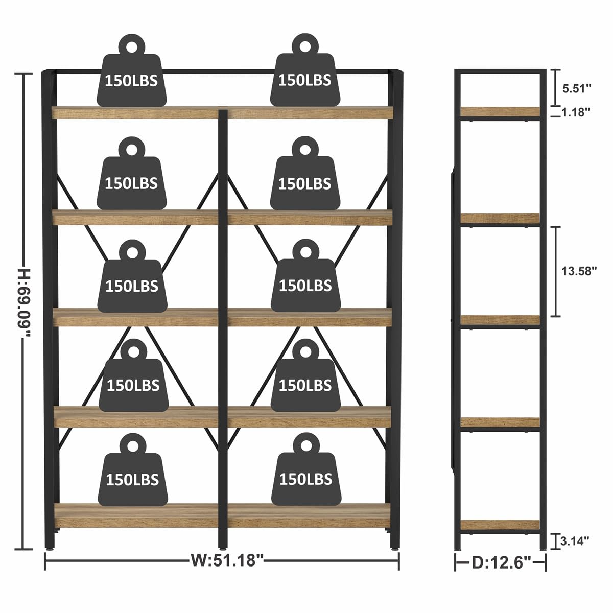 5 Tier Wood and Metal Bookshelf D1198