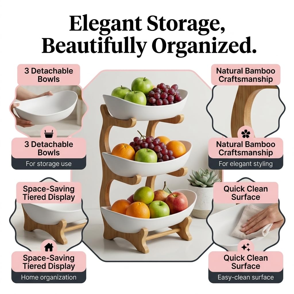 3 Tier Plastic Fruit Basket with Bamboo Stand G4576