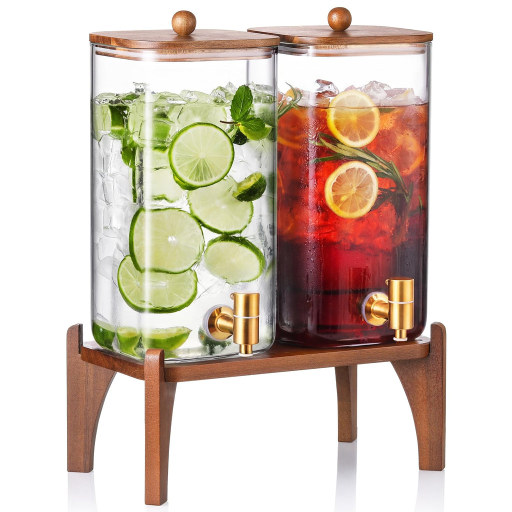 2 Pack 1.5 Gallon Square Glass Drink Dispenser with Wooden Stand & Lid Z26617