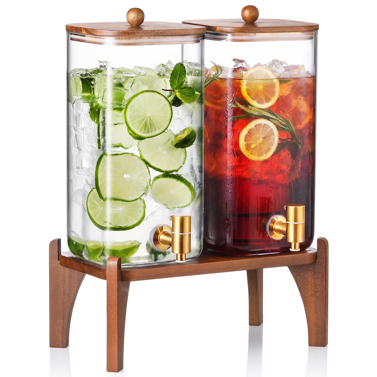 2 Pack 1.5 Gallon Square Glass Drink Dispenser with Wooden Stand & Lid Z26617