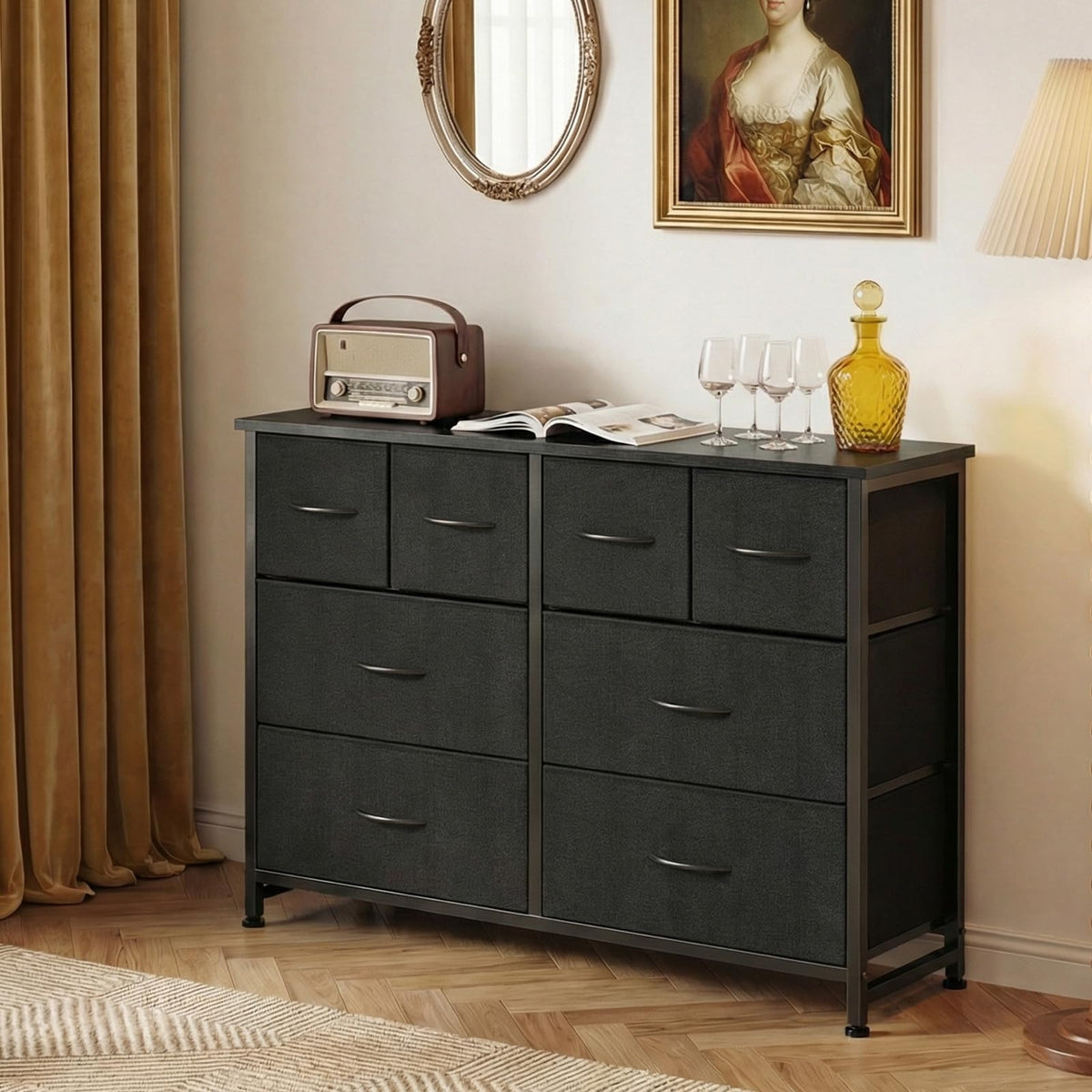 Black 8 Fabric Drawer Dresser with Wood Top U821195