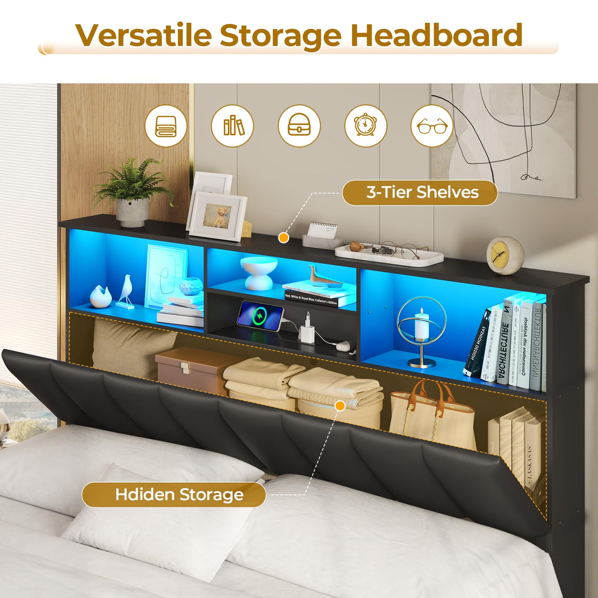 Black Full Size Wood Bed Frame with Bookcase Headboard and 4 Storage Drawers Y98208