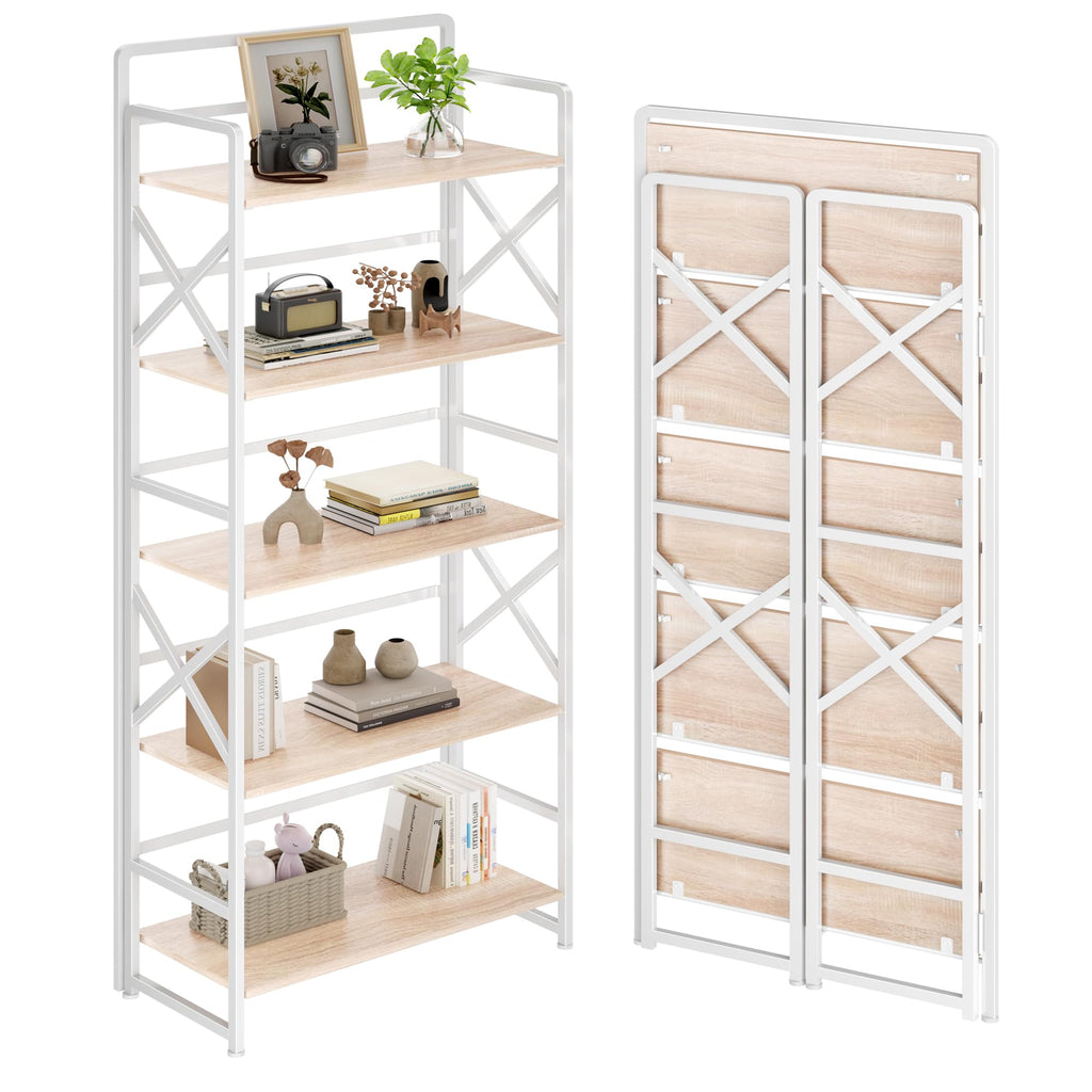 Folding Bookshelf 5 Tiers No Assembly Beige S43821