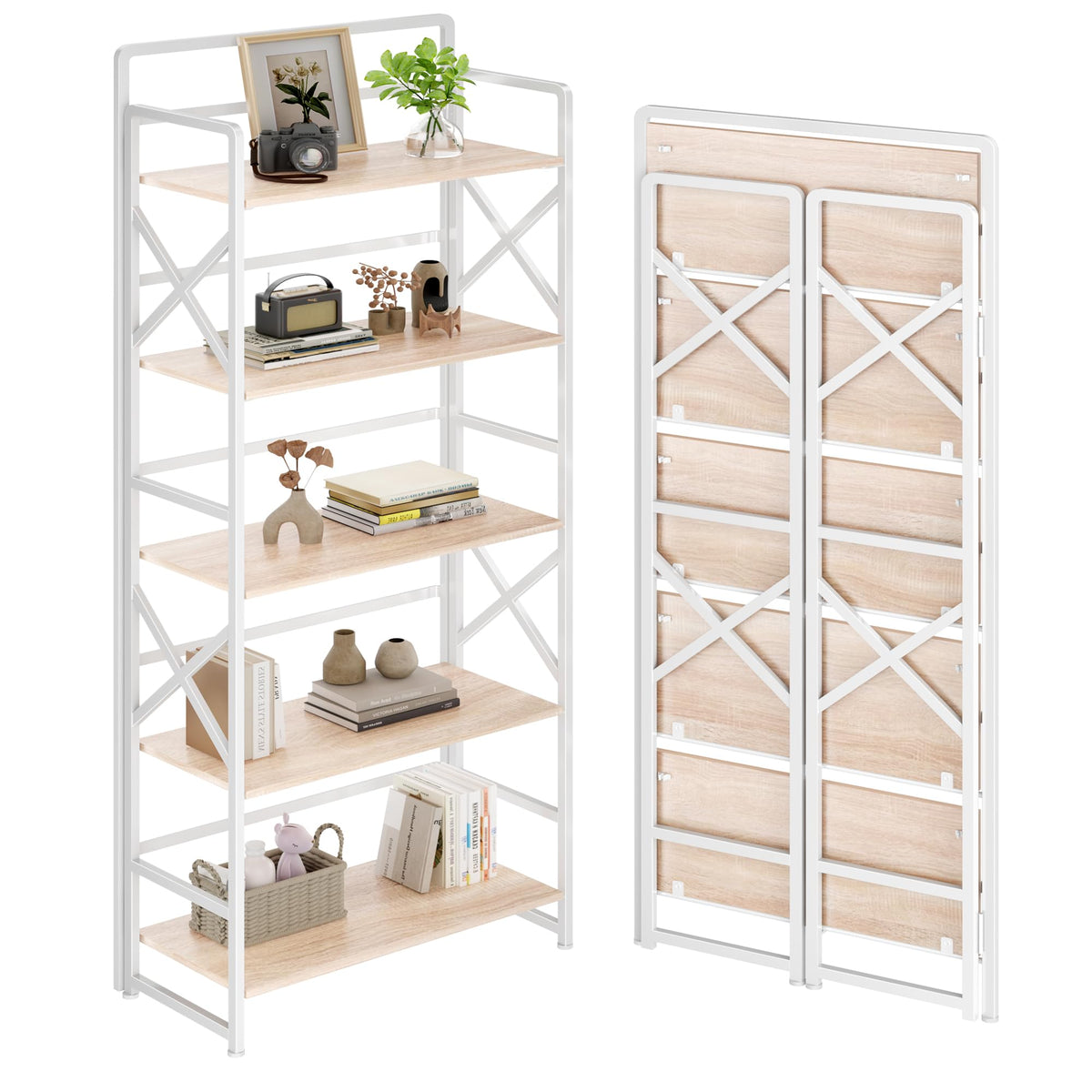 Folding Bookshelf 5 Tiers No Assembly Beige S43821