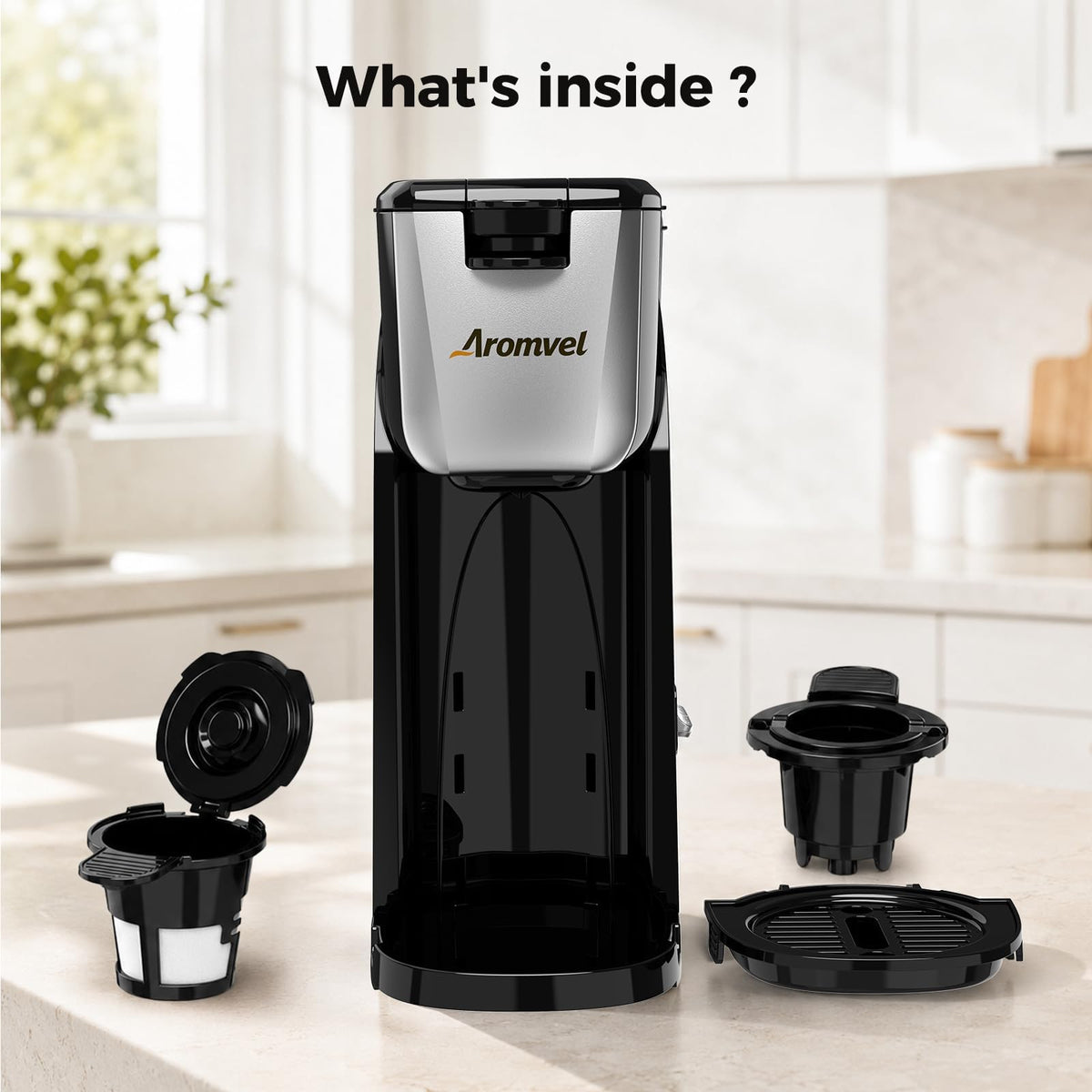 2-in-1 Single Serve Coffee Maker, K Cup & Ground, 6-14 oz, Silver V764727