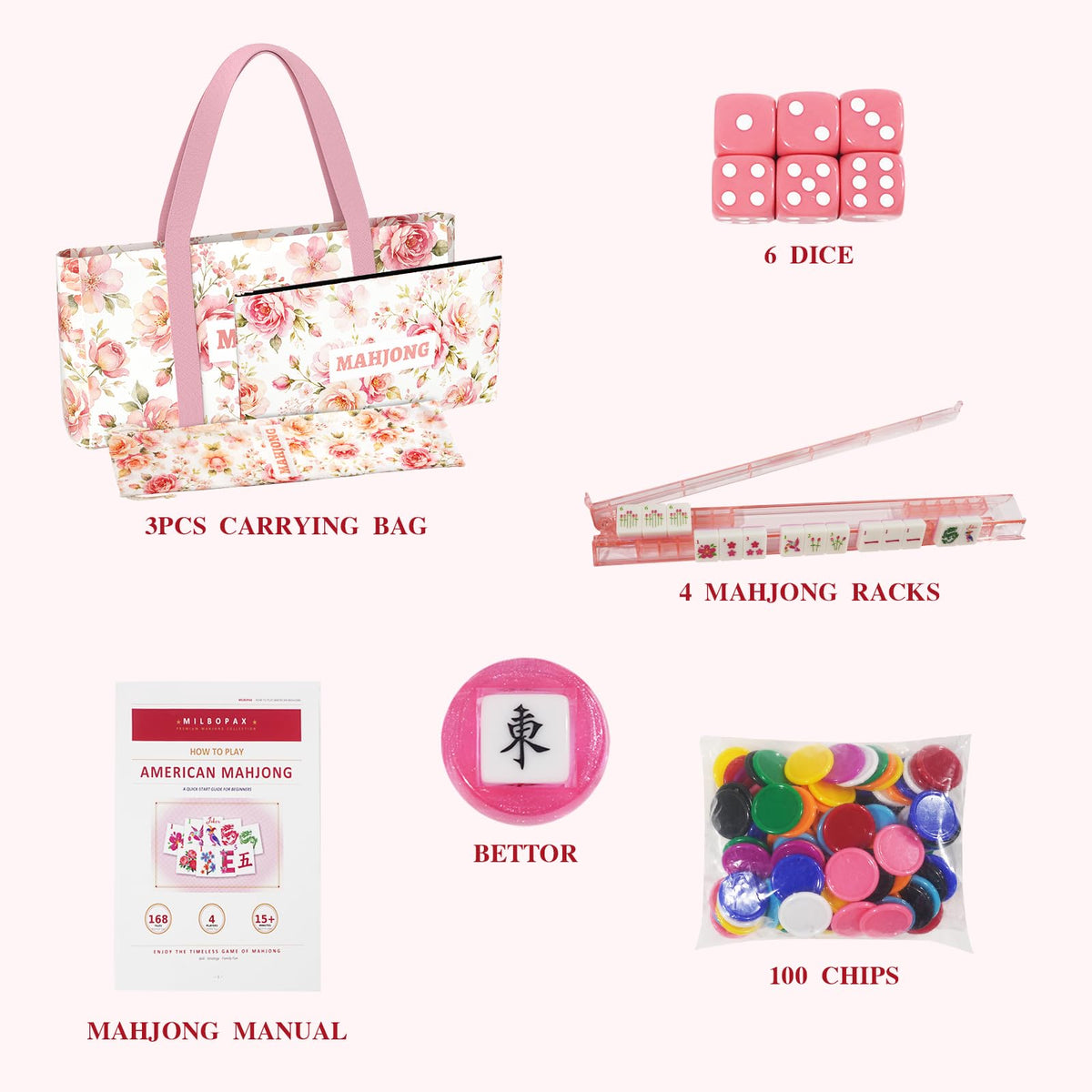 1.2” American Mahjong Set 168 Pink Floral Melamine Tiles H259989