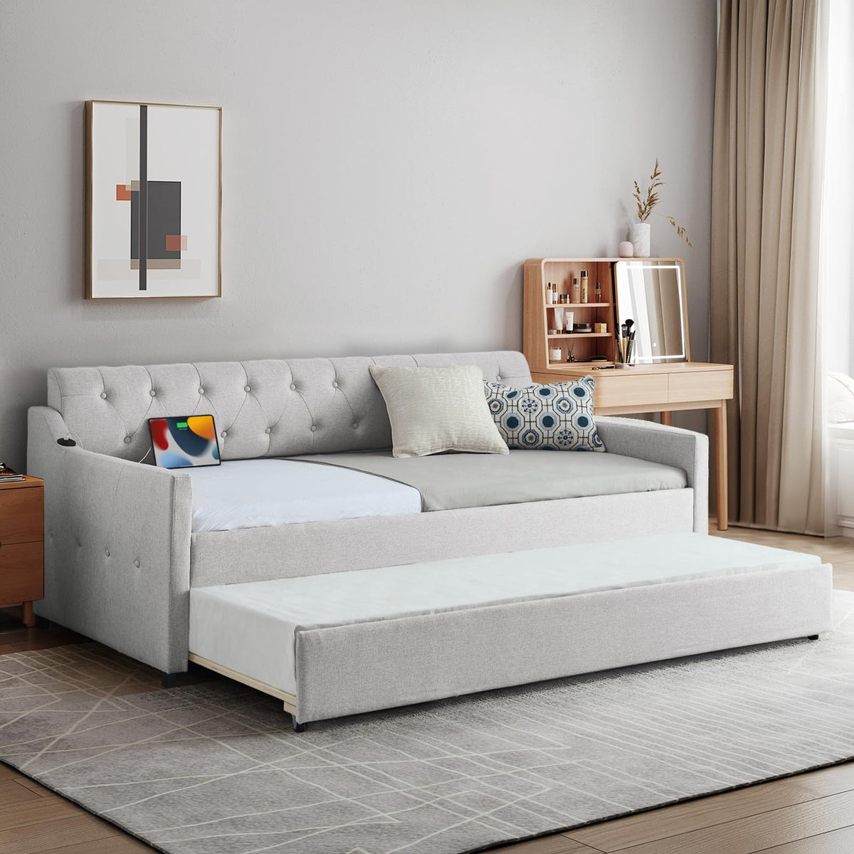 Beige Linen Upholstered Daybed with Pop Up Trundle J547941