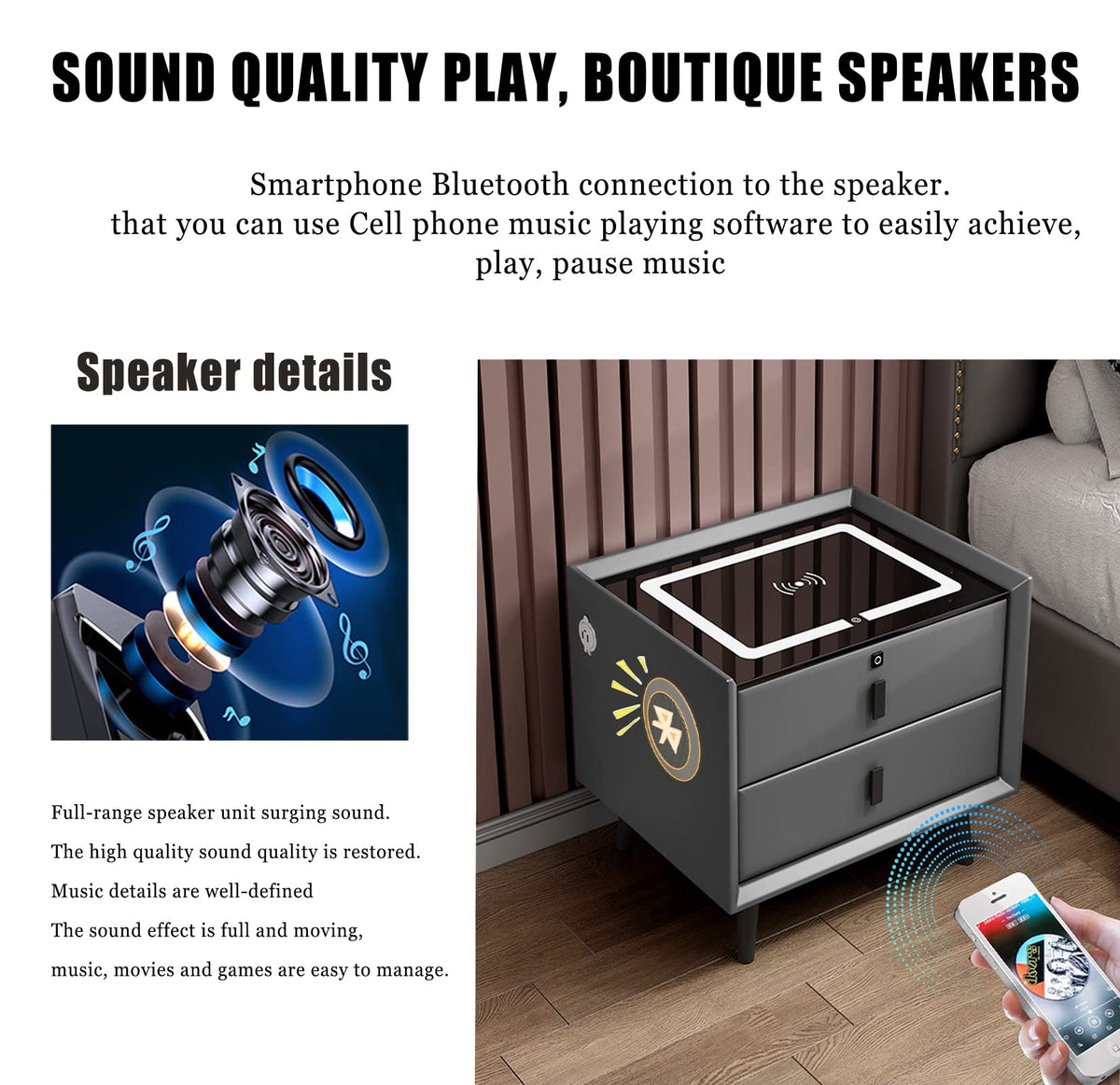 Gray 3 Drawer Solid Wood Nightstand with Speaker and USB Port U3024