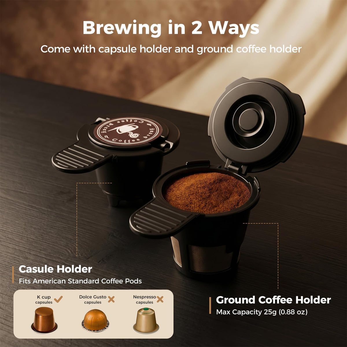2-in-1 Single Serve Coffee Maker, K Cup & Ground, 6-14 oz, Silver V764727