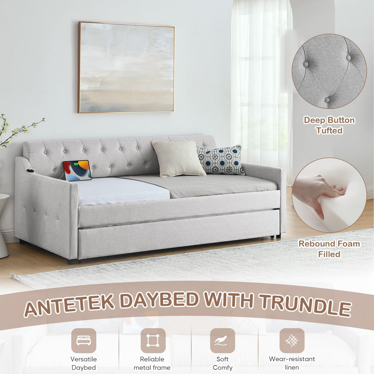 Beige Linen Upholstered Daybed with Pop Up Trundle J547941