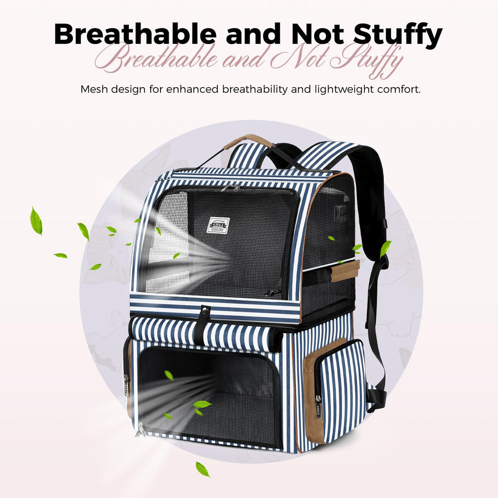 Double Cat Backpack Carrier for 2 Cats Blue Striped D8788