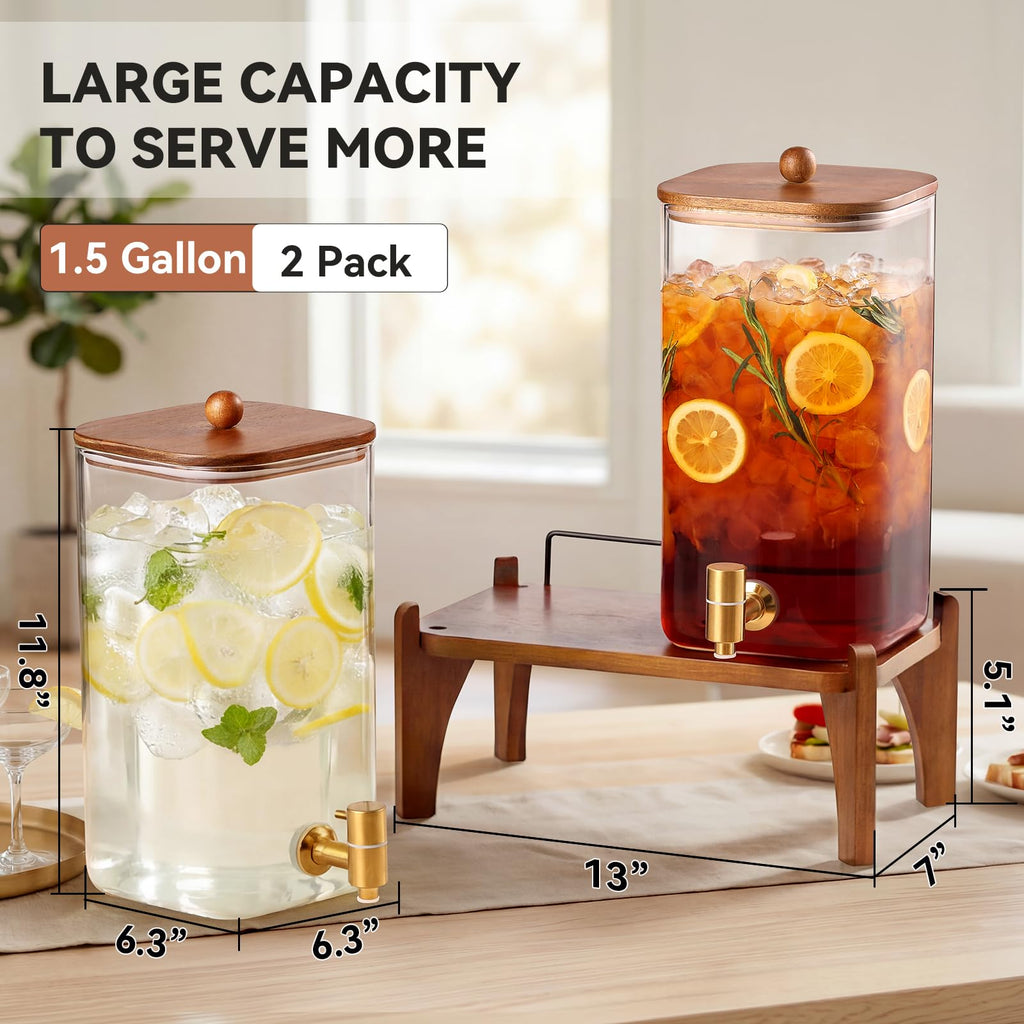 2 Pack 1.5 Gallon Square Glass Drink Dispenser with Wooden Stand & Lid Z26617