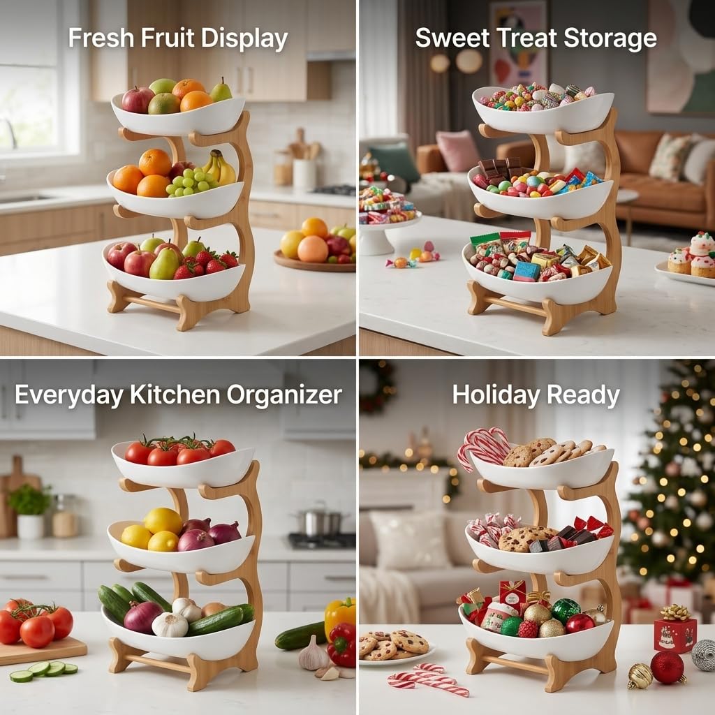 3 Tier Plastic Fruit Basket with Bamboo Stand G4576