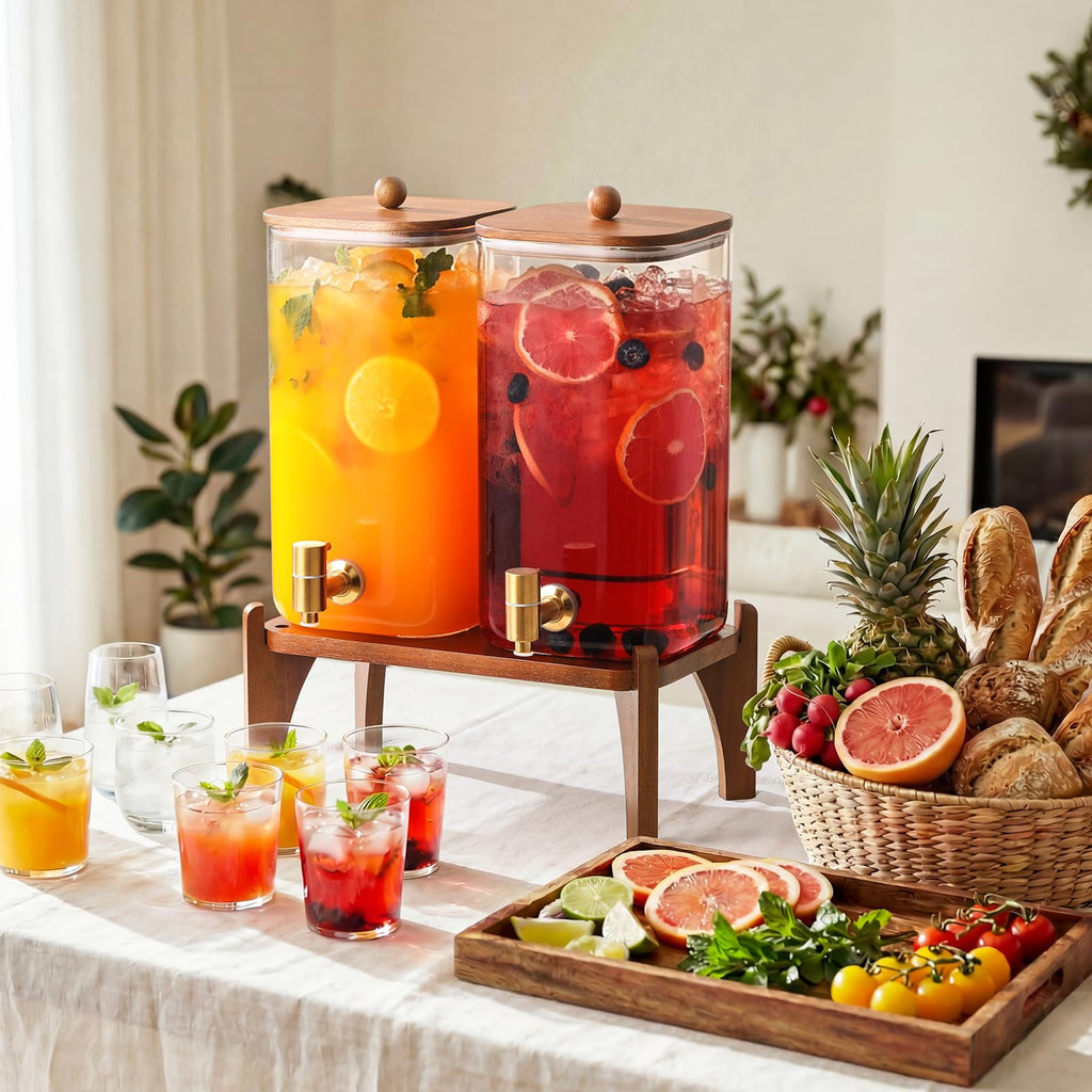 2 Pack 1.5 Gallon Square Glass Drink Dispenser with Wooden Stand & Lid Z26617