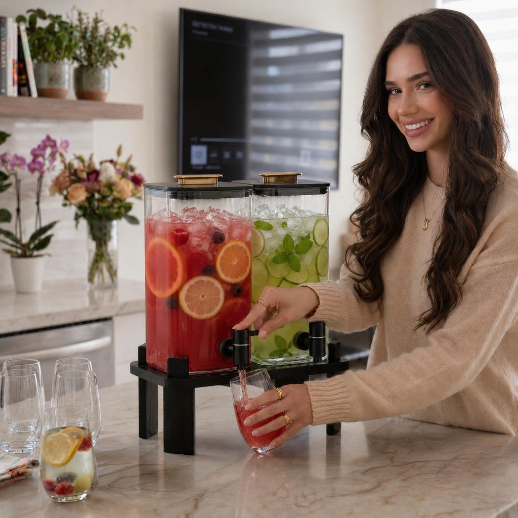 2 PCS 3 Gallon Glass Beverage Dispenser with Wood Stand H6857