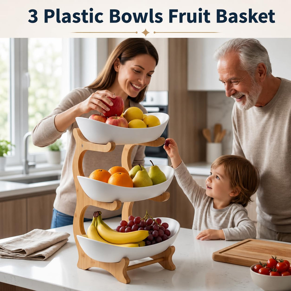 3 Tier Plastic Fruit Basket with Bamboo Stand G4576