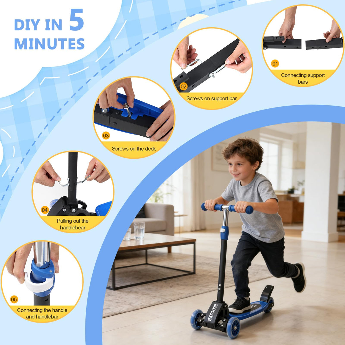 Foldable Metal 3 Wheel Scooter with Adjustable Heights Y952