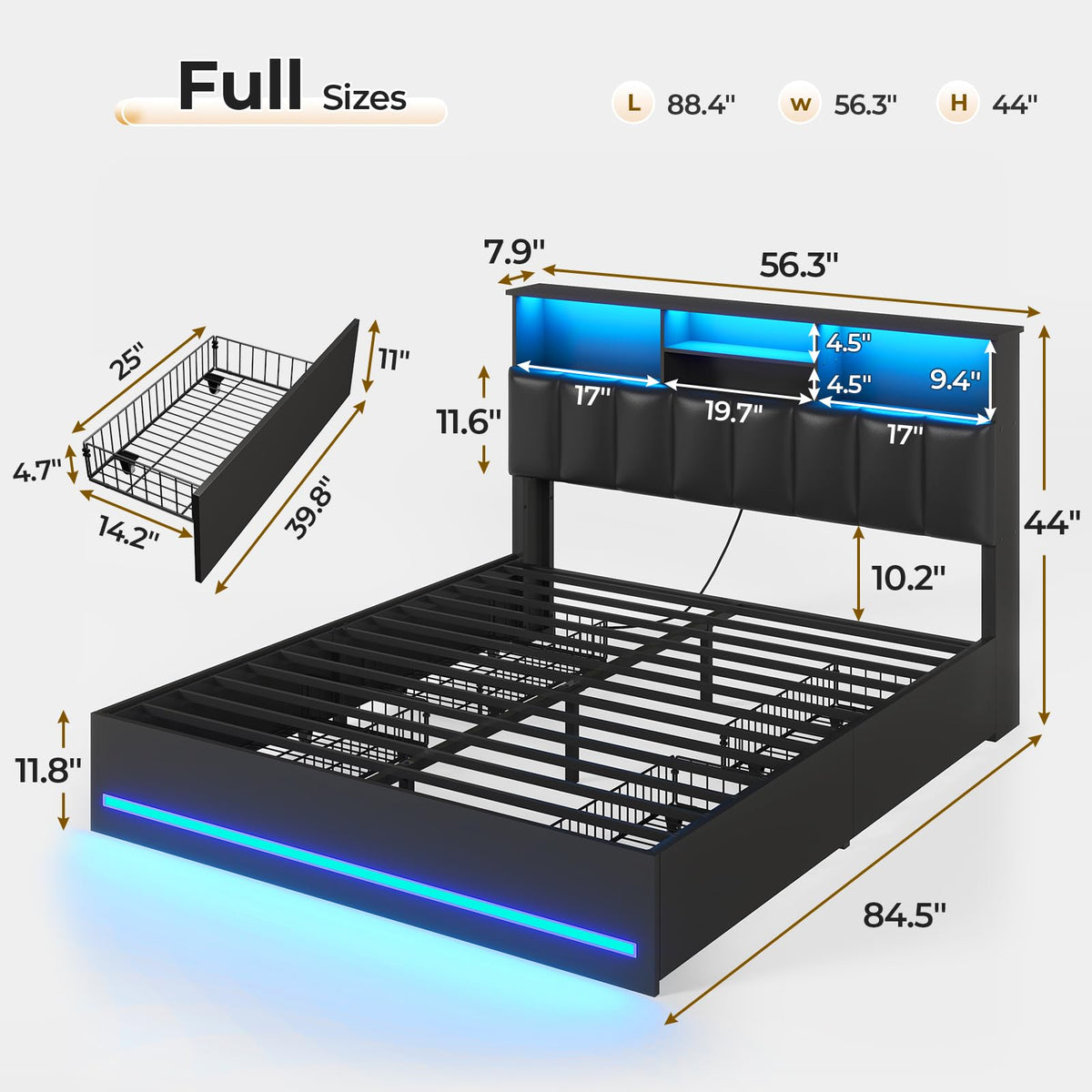 Black Full Size Wood Bed Frame with Bookcase Headboard and 4 Storage Drawers Y98208
