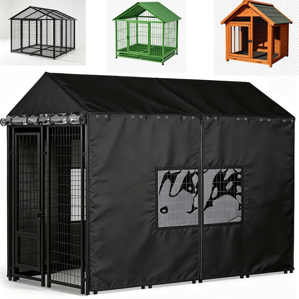 Outdoor Dog Kennel Cover with Clear PVC Windows & Roll-Up Panels Y940