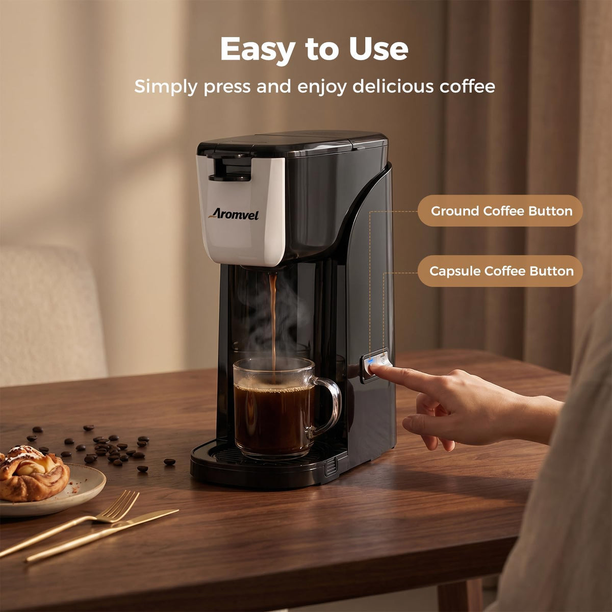 2-in-1 Single Serve Coffee Maker, K Cup & Ground, 6-14 oz, Silver V764727