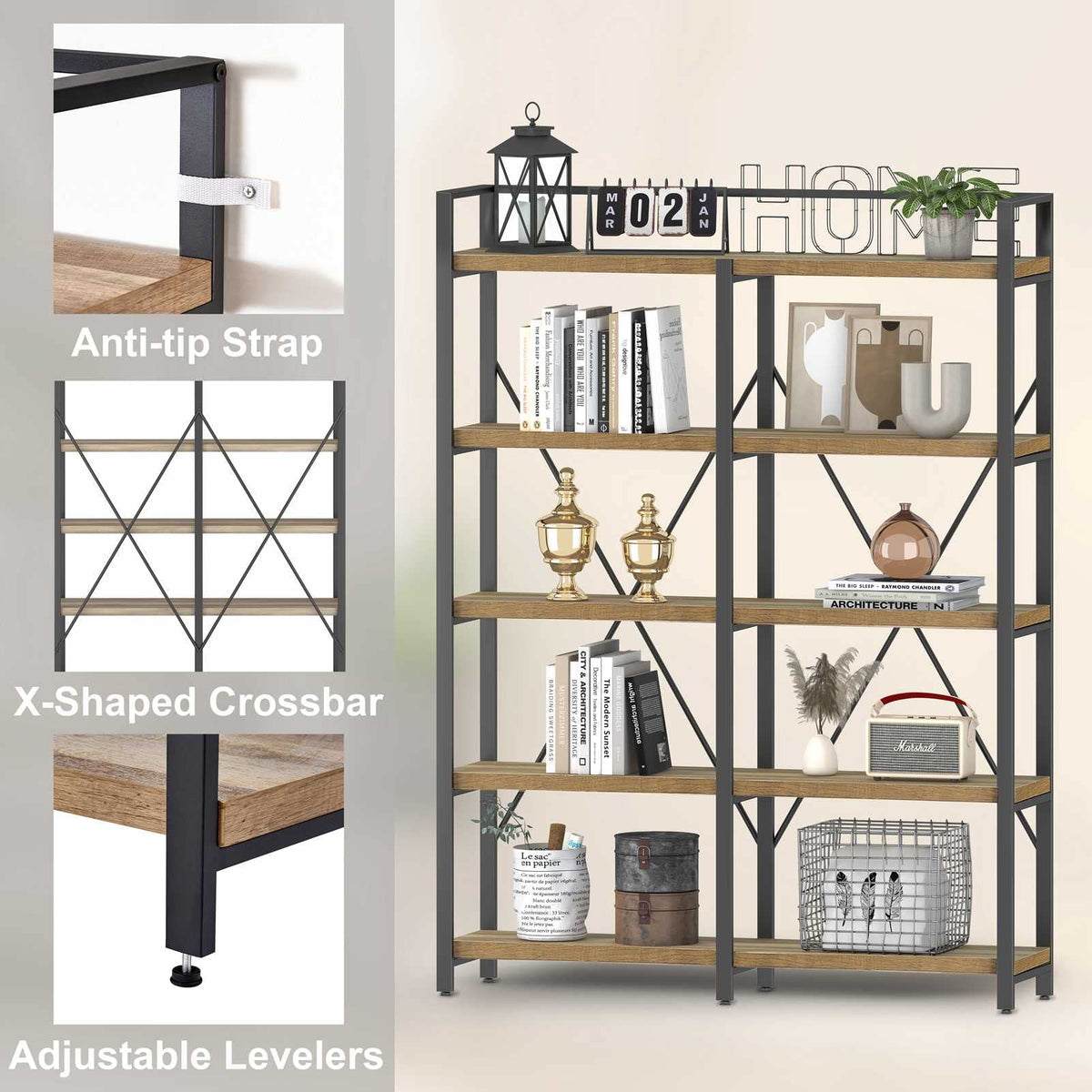 5 Tier Wood and Metal Bookshelf D1198