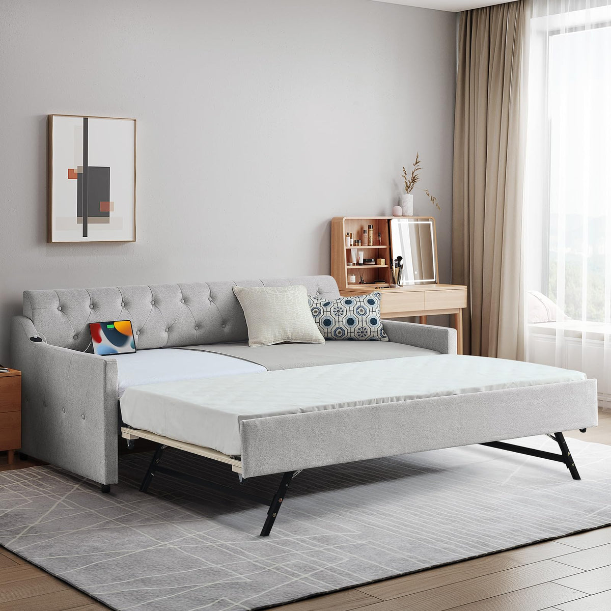 Beige Linen Upholstered Daybed with Pop Up Trundle J547941