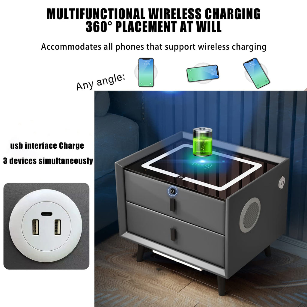 Gray 3 Drawer Solid Wood Nightstand with Speaker and USB Port U3024