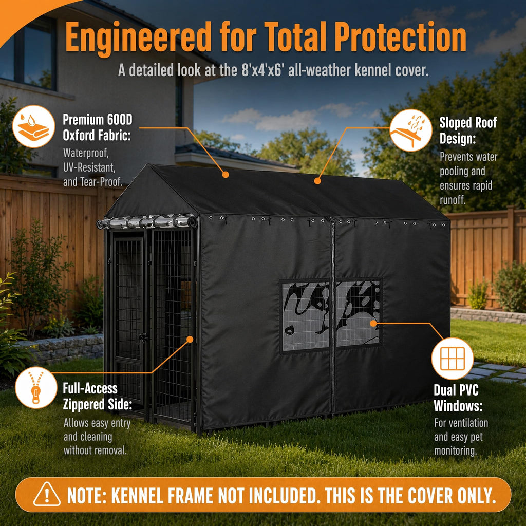 Outdoor Dog Kennel Cover with Clear PVC Windows & Roll-Up Panels Y940