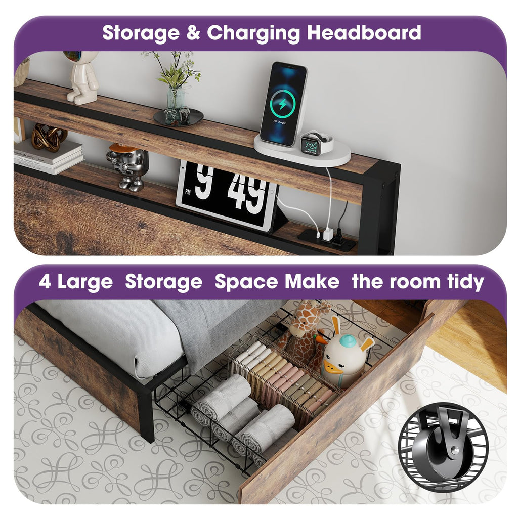 Queen Size Bed Frame with LED Light Headboard and 4 Storage Drawers M331