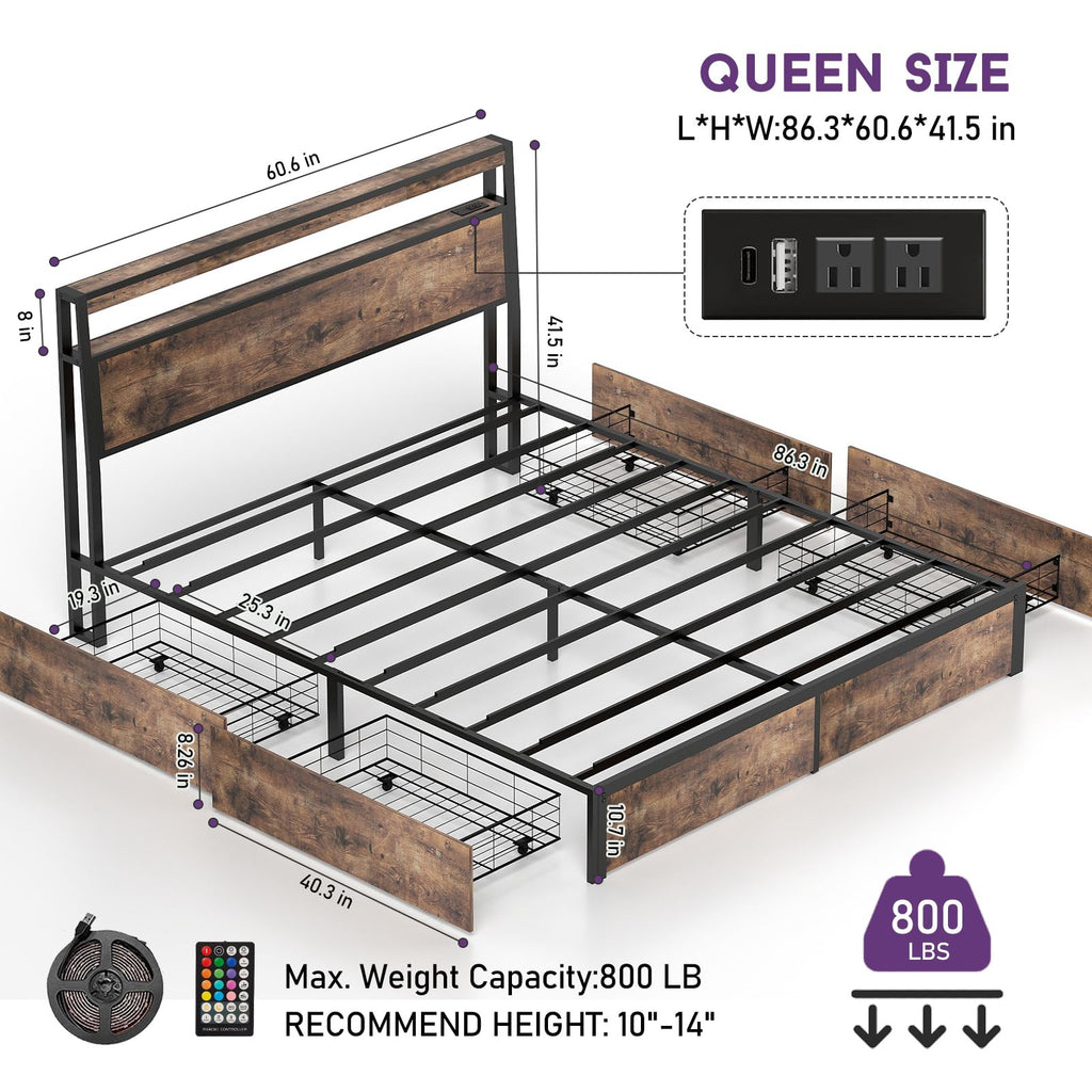 Queen Size Bed Frame with LED Light Headboard and 4 Storage Drawers M331