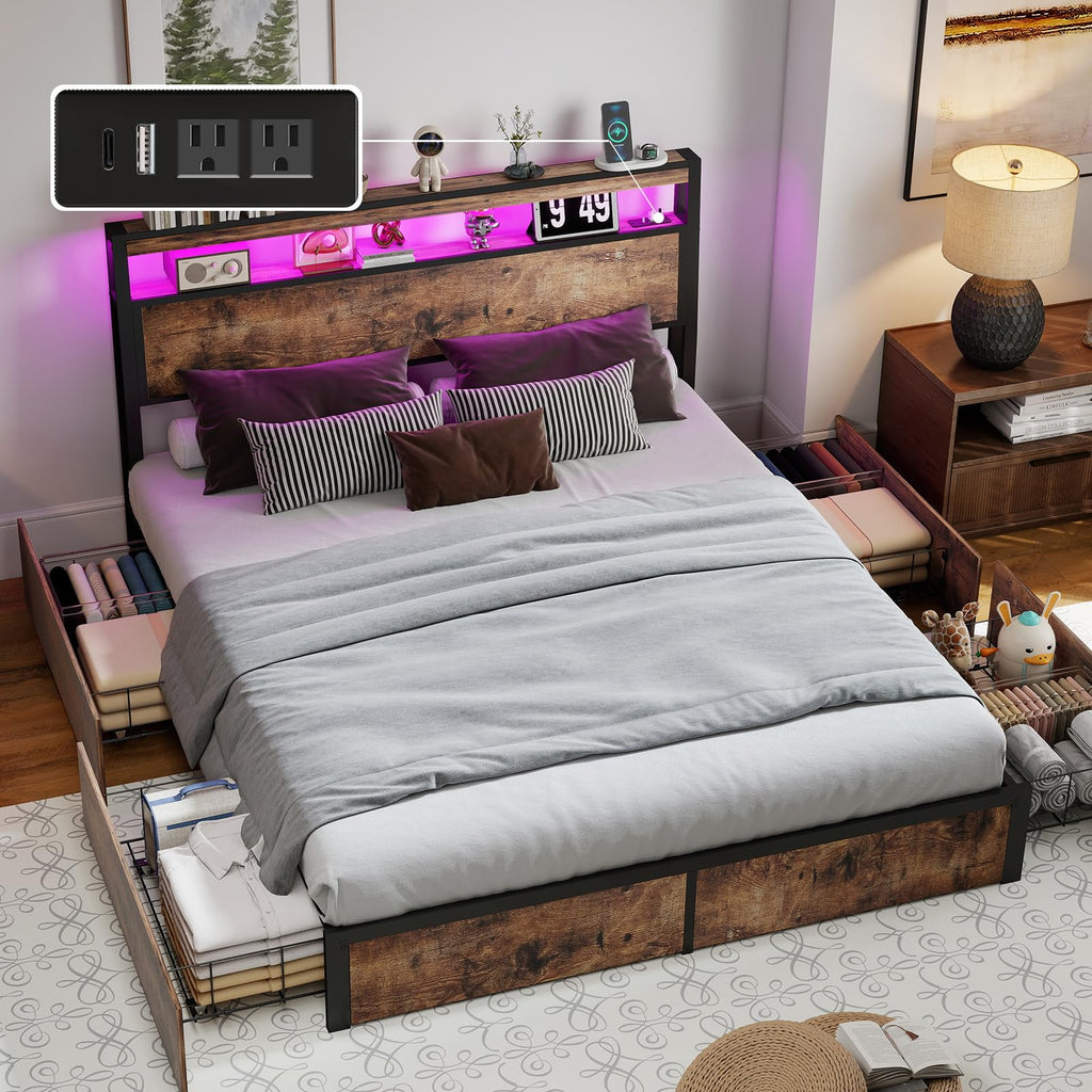 Queen Size Bed Frame with LED Light Headboard and 4 Storage Drawers M331