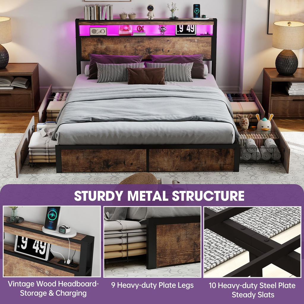 Queen Size Bed Frame with LED Light Headboard and 4 Storage Drawers M331
