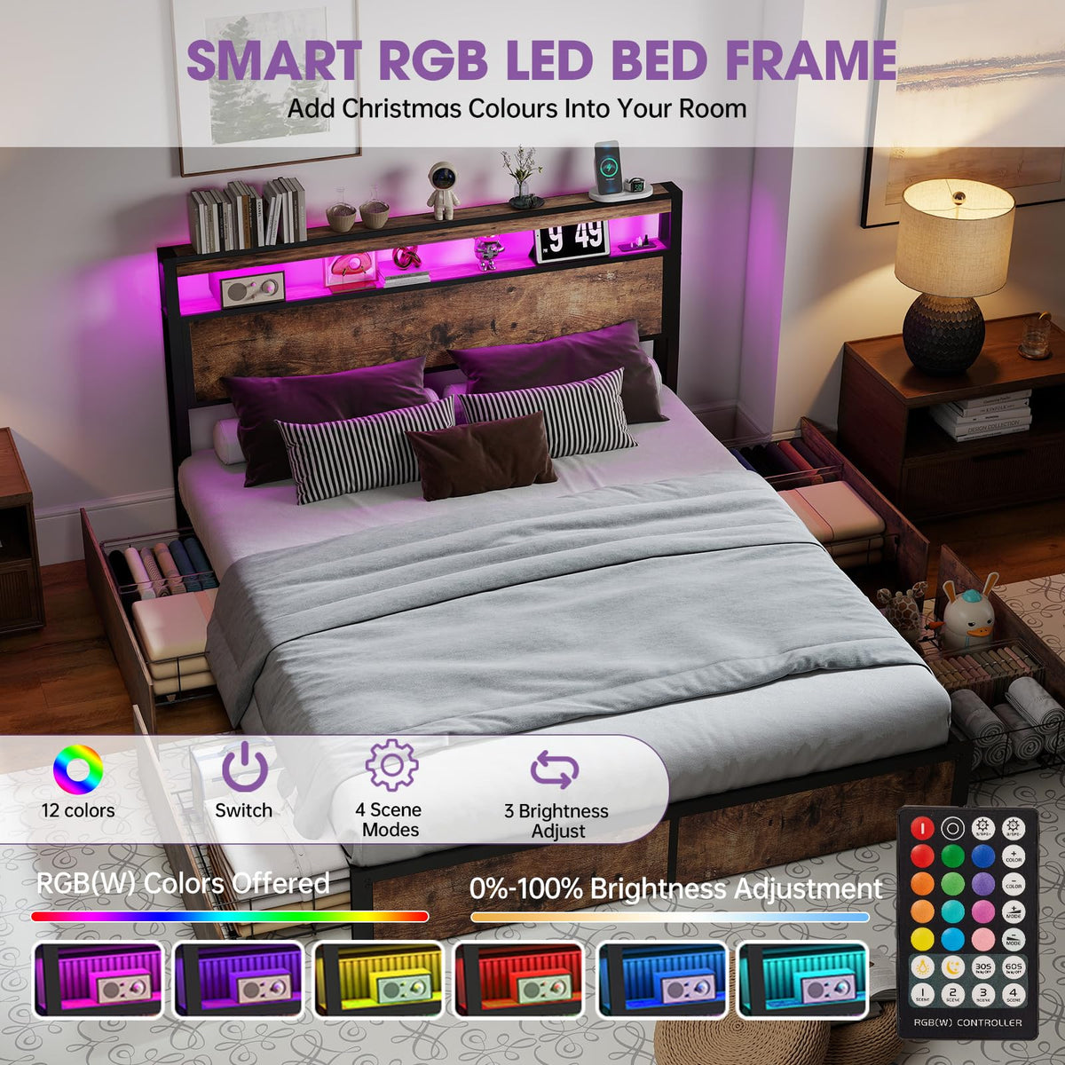 Queen Size Bed Frame with LED Light Headboard and 4 Storage Drawers M331