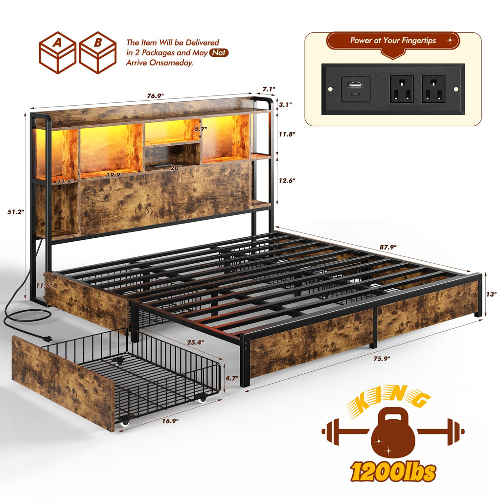 King Size Bed Frame with Storage Headboard & 4 Drawers H1852