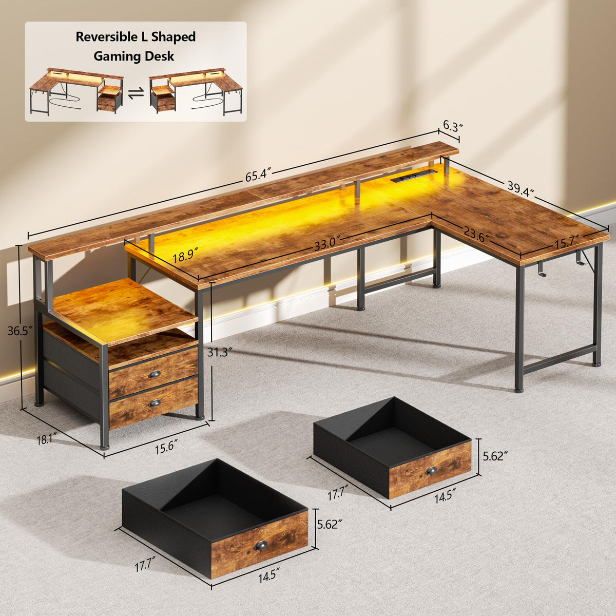 66'' L Shaped Computer Desk with Storage Drawers P191