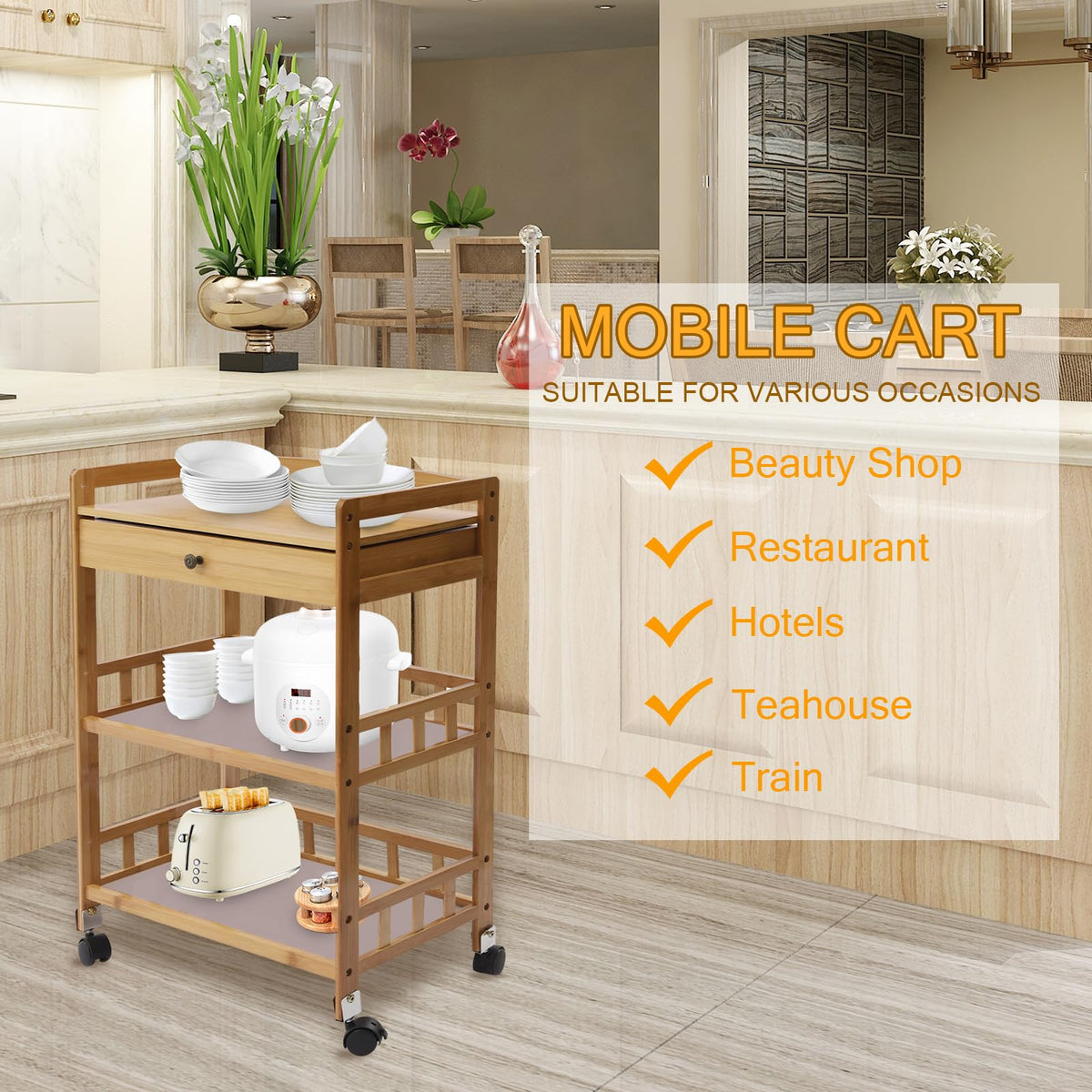 3-Tier Bamboo Kitchen Cart with Drawer L334