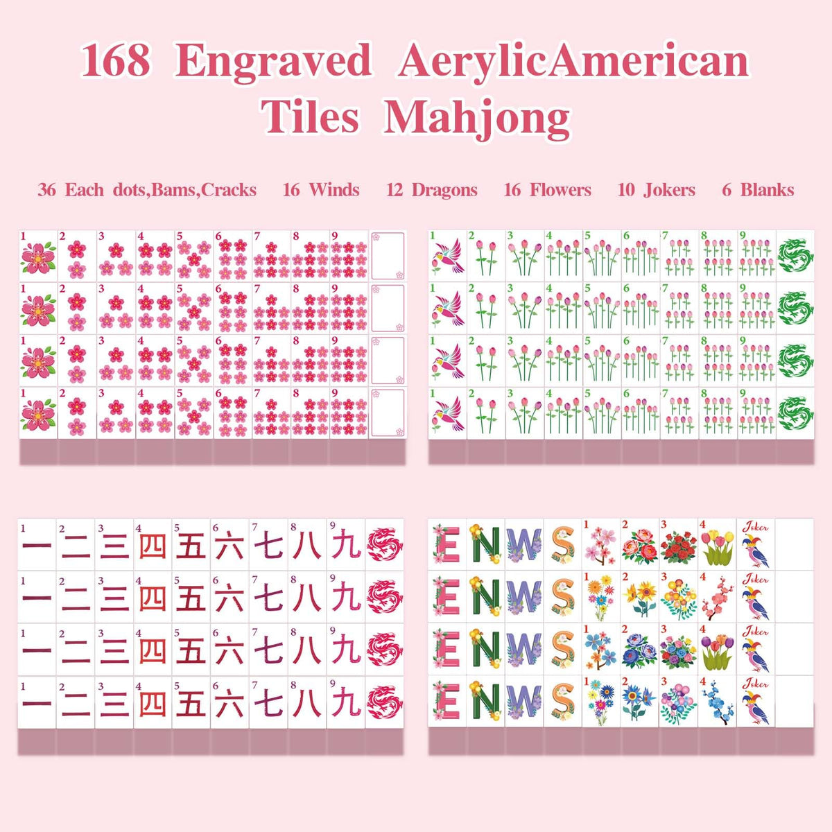 1.2” American Mahjong Set 168 Pink Floral Melamine Tiles H259989