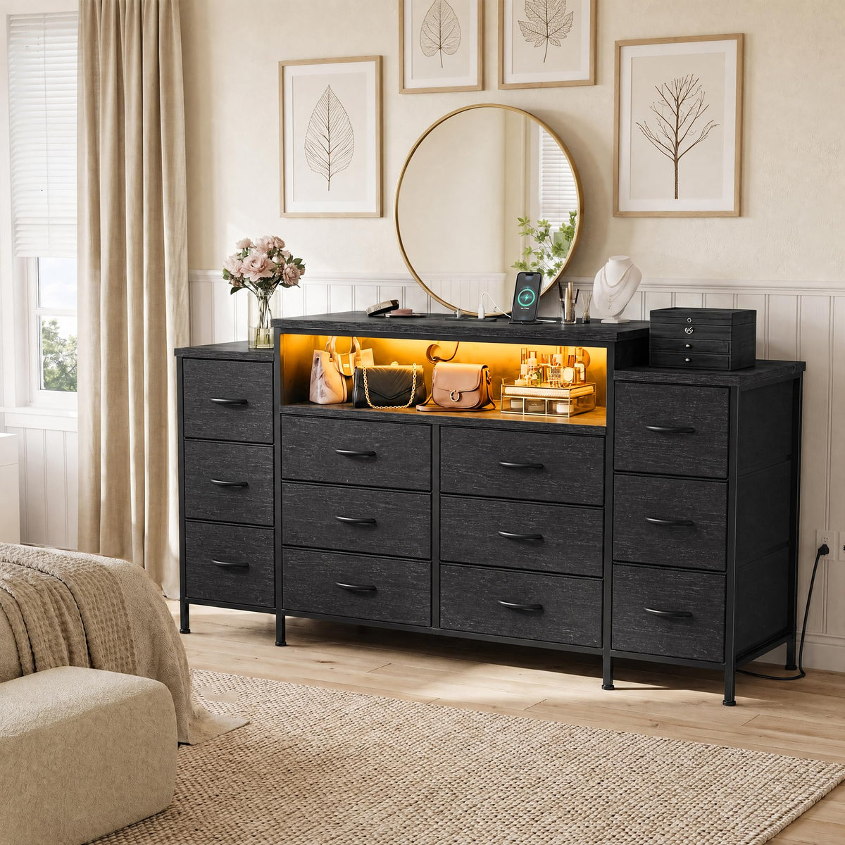 12 Drawer Dresser with LED Lights and Charging I800