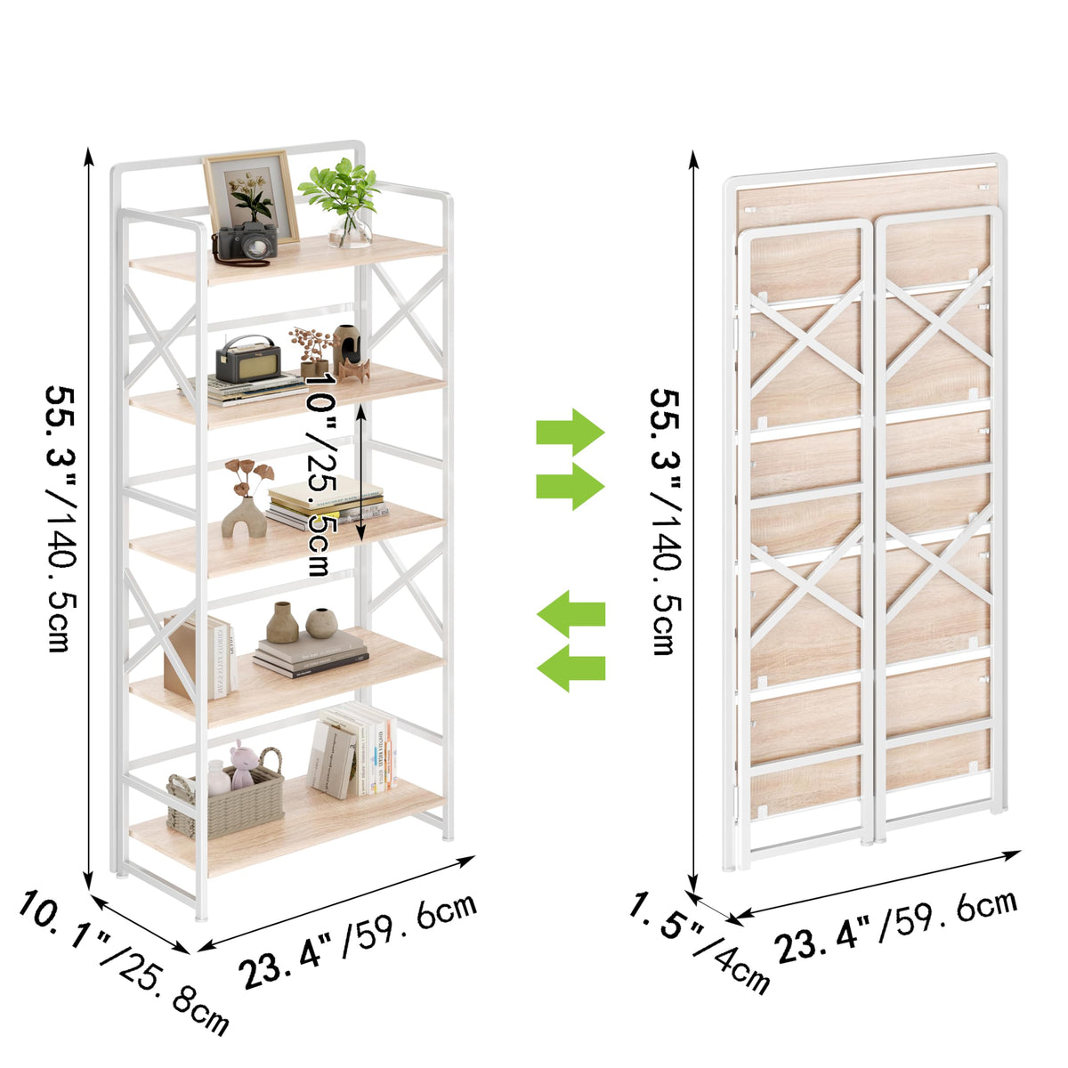 Folding Bookshelf 5 Tiers No Assembly Beige S43821