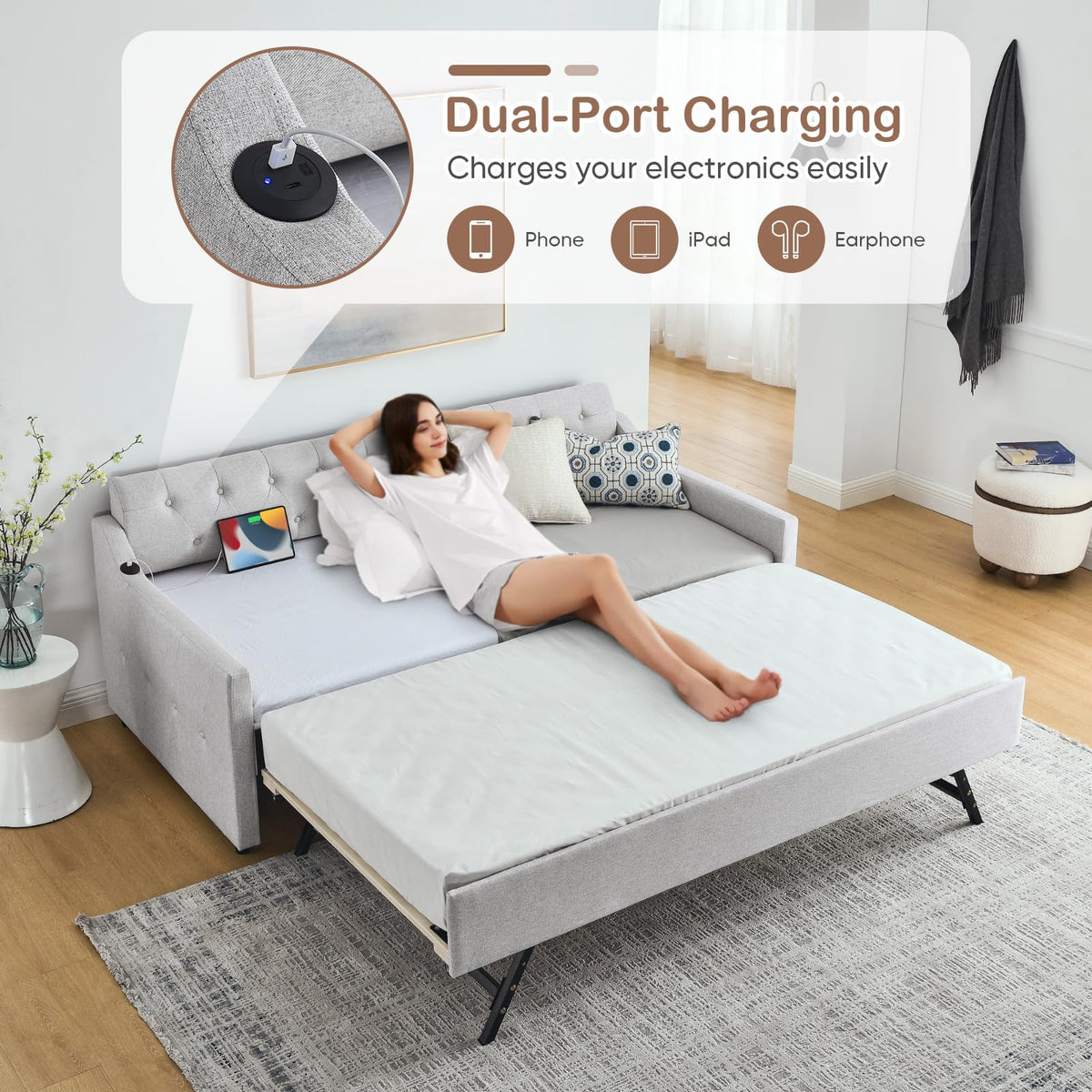 Beige Linen Upholstered Daybed with Pop Up Trundle J547941