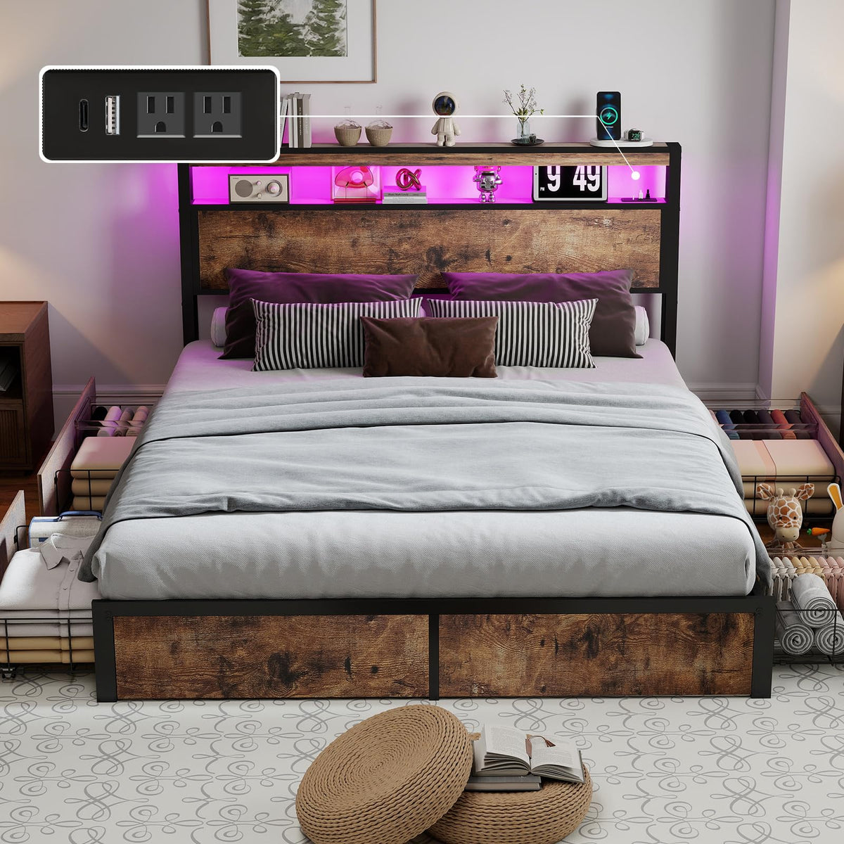 Queen Size Bed Frame with LED Light Headboard and 4 Storage Drawers M331