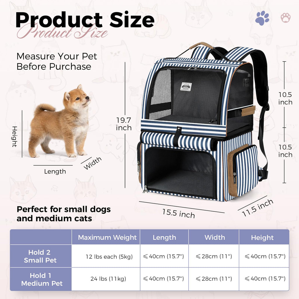 Double Cat Backpack Carrier for 2 Cats Blue Striped D8788