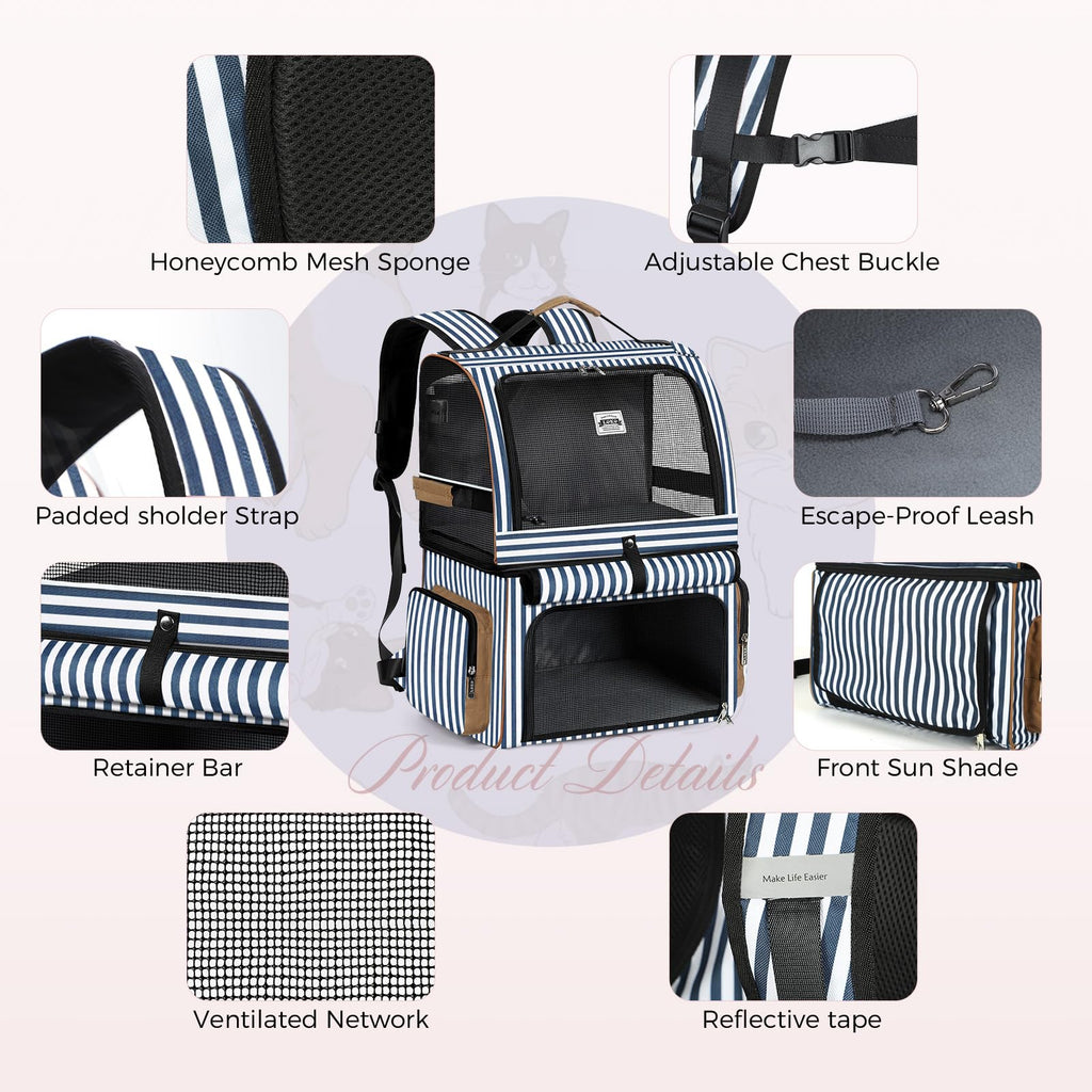 Double Cat Backpack Carrier for 2 Cats Blue Striped D8788